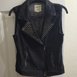 Y2K Dolled Up Black Metal Studded Denim Rocker Vest Size M